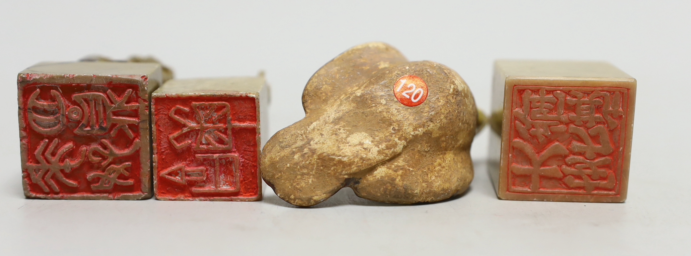 Three Chinese soapstone seals, a pottery bird and a blanc de chine pot